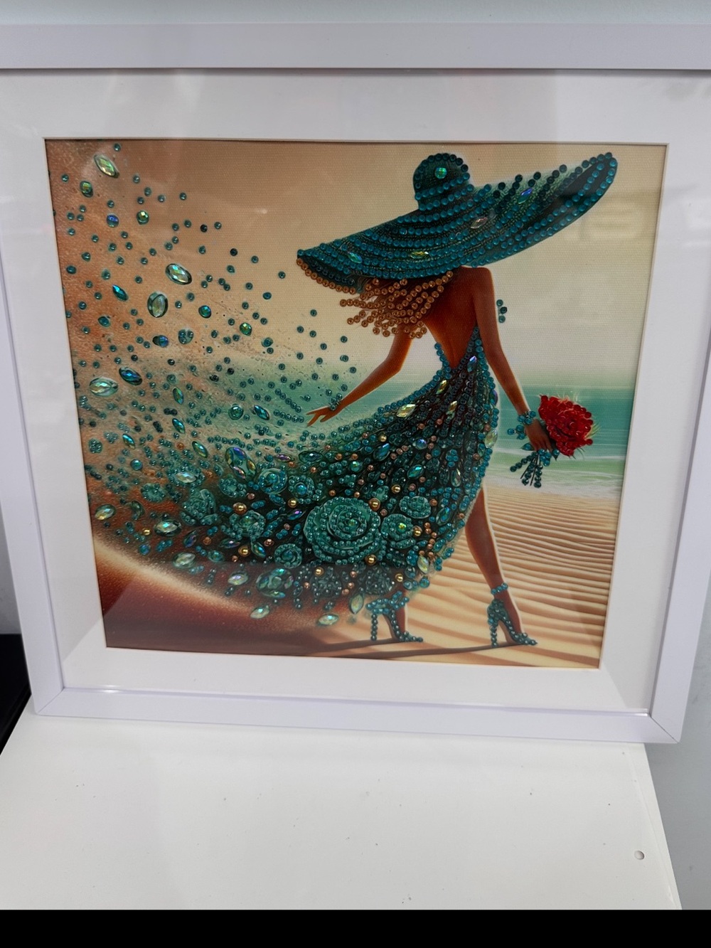 Embellished Turquoise Sequin Woman Beach diamond painting hand made in US
